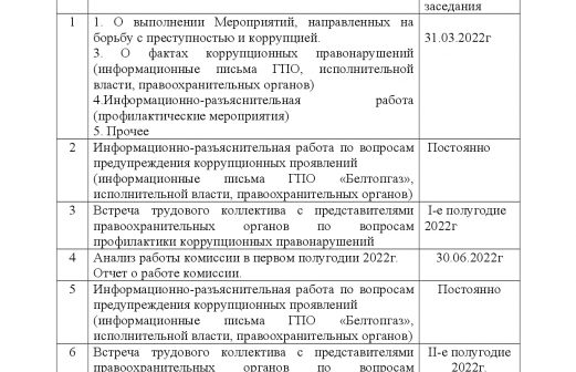 План работы Комиссии по профилактике коррупционных правонарушений на 2022 год